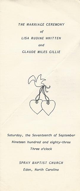 Rudine Whitten, Miles Gillie Wedding Ceremony Program Sept 17, 1983 Pg 1 