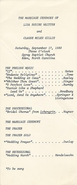 Rudine Whitten, Miles Gillie Wedding Ceremony Program Sept 17, 1983 Pg 2 
