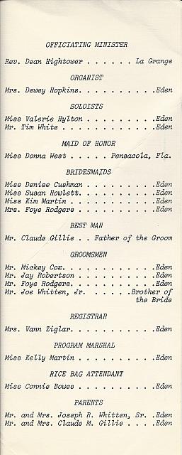 Rudine Whitten, Miles Gillie Wedding Ceremony Program Sept 17, 1983 Pg 3 