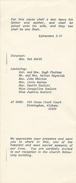Rudine Whitten, Miles Gillie Wedding Ceremony Program Sept 17, 1983 Pg 4 