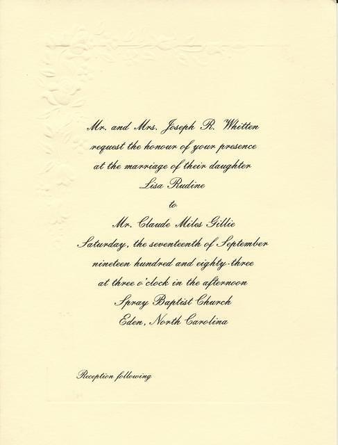 Rudine Whitten Miles Gillie Wedding Invitation
